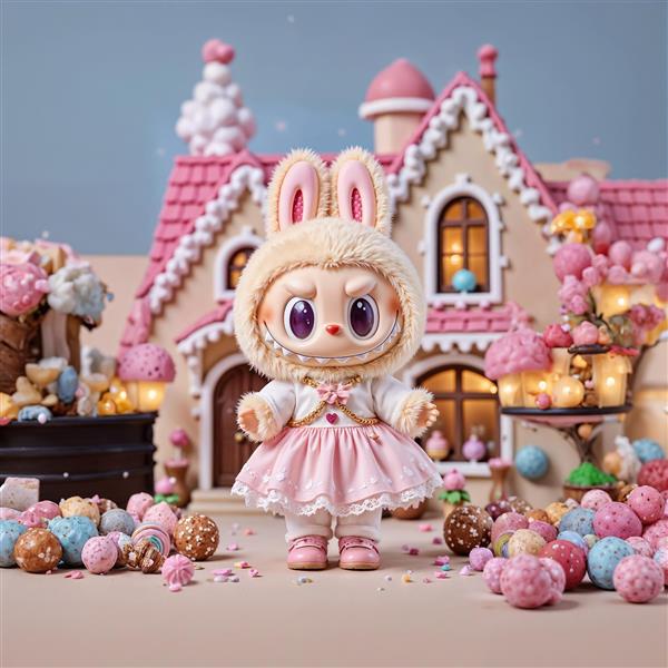 طرح لبوبو فانتزی جلوی خانه آب‌نباتی صورتی