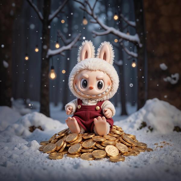 تصویر لبوبو روی سکه‌های طلا در جنگل برفی فانتزی