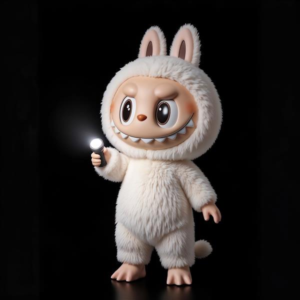 عکس لبوبو عروسکی با لباس سفید و چراغ‌قوه