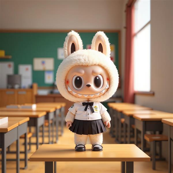 تصویر لبوبو دانش‌آموز روی میز کلاس درس