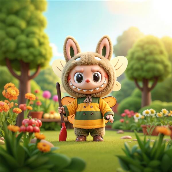 طرح لبوبو باغبان با بال‌های فانتزی در باغ گل