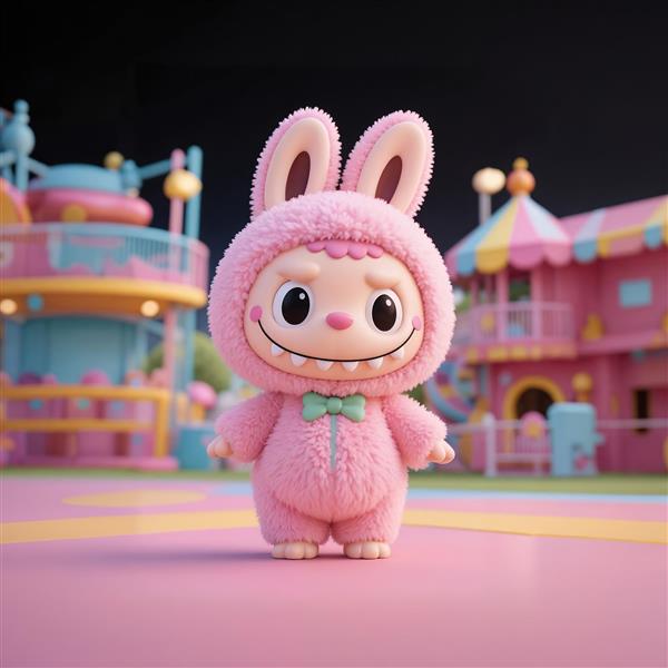 تصویر لبوبو صورتی در شهربازی فانتزی کودکانه