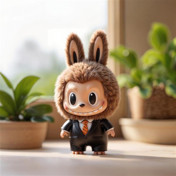 تصویر لبوبو با کت‌وشلوار مشکی در کنار گلدان‌های سبز