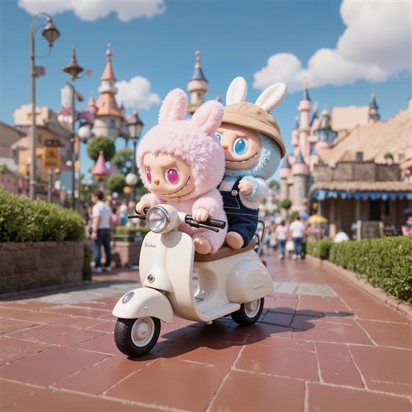 تصویر دو لبوبو در حال موتورسواری در پارک تفریحی فانتزی