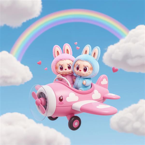 تصویر دو لبوبو در هواپیمای صورتی زیر رنگین‌کمان