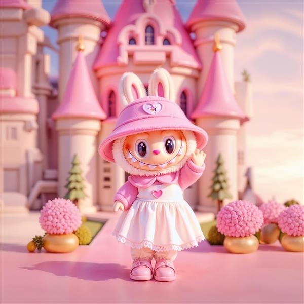 طرح لبوبو پرنسس صورتی جلوی قلعه فانتزی کودکانه
