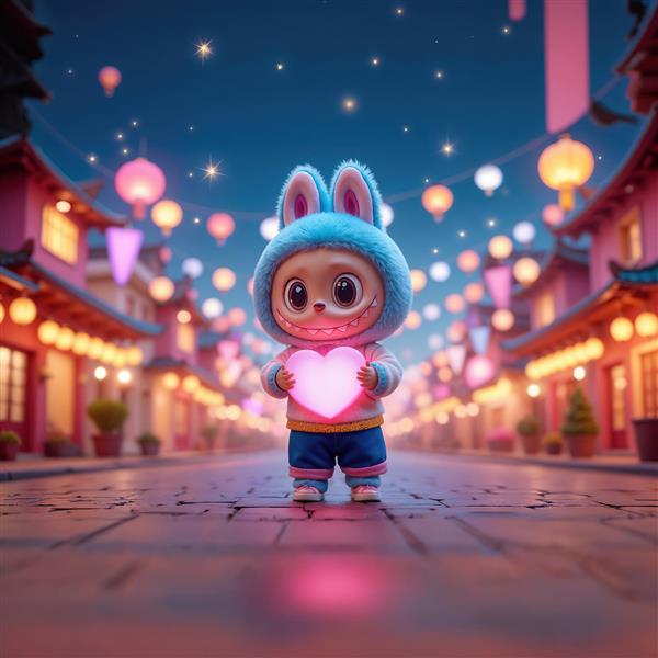 تصویر لبوبو با قلب نورانی در خیابان فانوس‌ها شبانه