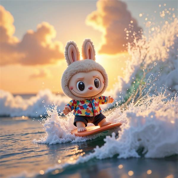 تصویر لبوبو موج‌سوار روی دریا در غروب رنگارنگ