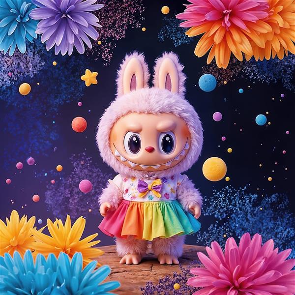 لبوبو رنگین‌کمانی میان گل‌های فانتزی شبانه