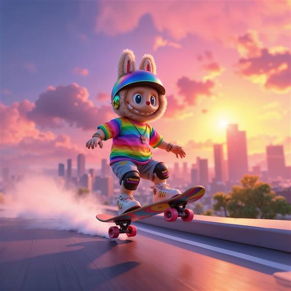 پوستر لبوبو اسکیت‌باز رنگین‌کمانی در غروب شهر