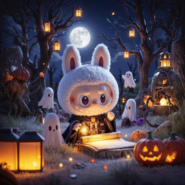 پوستر لبوبو جادوگر هالووین با ارواح و کدوهای شب مهتابی