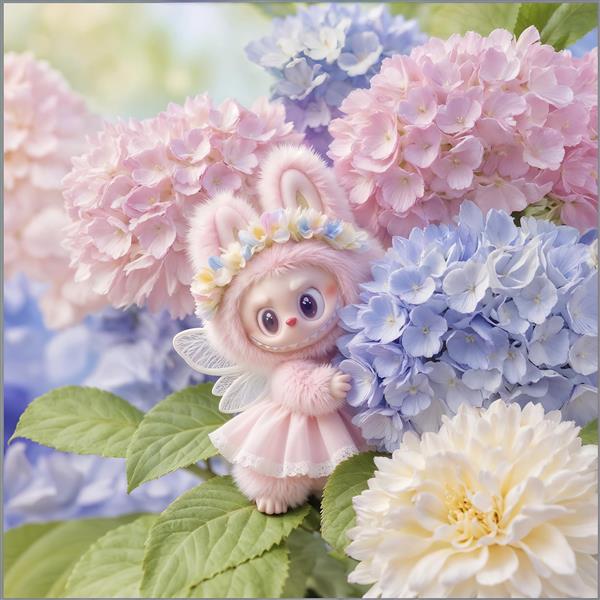 تابلو لبوبو پری کوچولو میان گل‌های هورتانسیا پاستلی