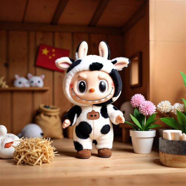 لبوبو با لباس گاو در آغل مزرعه