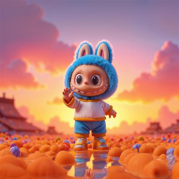 پوستر لبوبو فانتزی با هودی آبی در غروب شهر