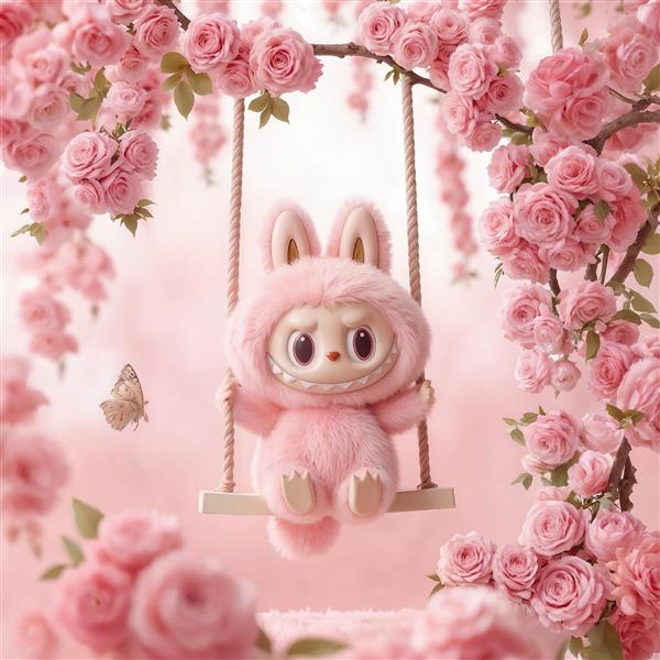 پوستر لبوبو پشمالو روی تاب میان گل‌های رز صورتی