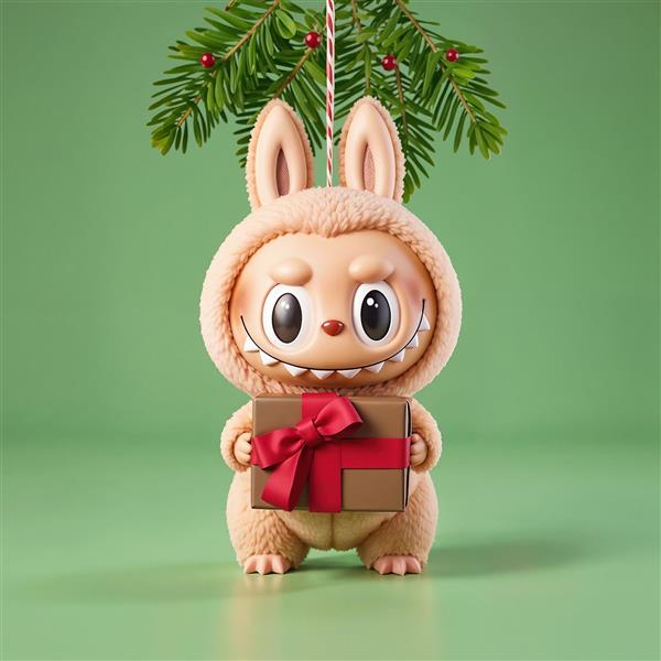 پوستر لبوبو کریسمس با جعبه کادویی پس‌زمینه سبز