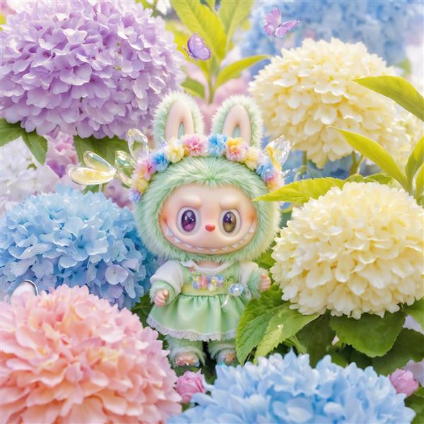 تابلو لبوبو در میان گل‌های هورتانسیا پاستلی