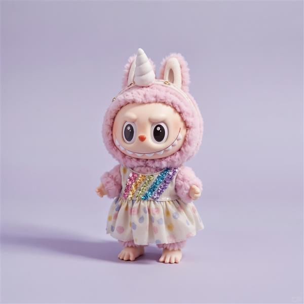 پوستر لبوبو با لباس یونیکورن صورتی پس‌زمینه یاسی