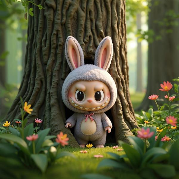 تابلو لبوبو در جنگل سبز کنار تنه درخت و گل‌های رنگی