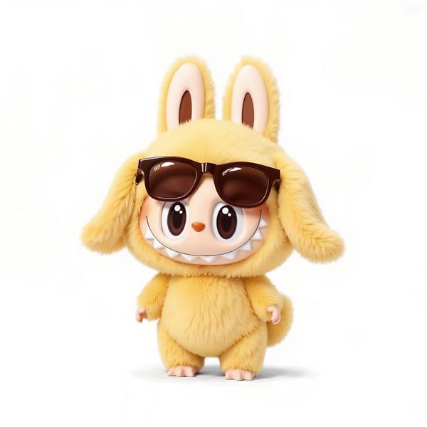 پوستر مینیمال لبوبو زرد با عینک آفتابی پس‌زمینه سفید