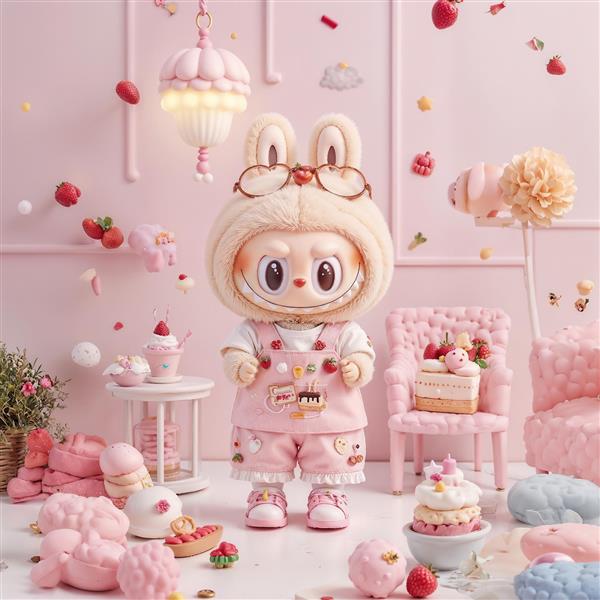 پوستر لبوبو در اتاق صورتی پر از دسر و شیرینی فانتزی