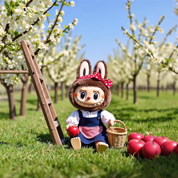 پوستر لبوبو در باغ سیب بهاری میان درختان شکوفه‌دار