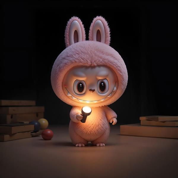 تابلو لبوبو در اتاق تاریک با چراغ‌قوه و حال و هوای مرموز