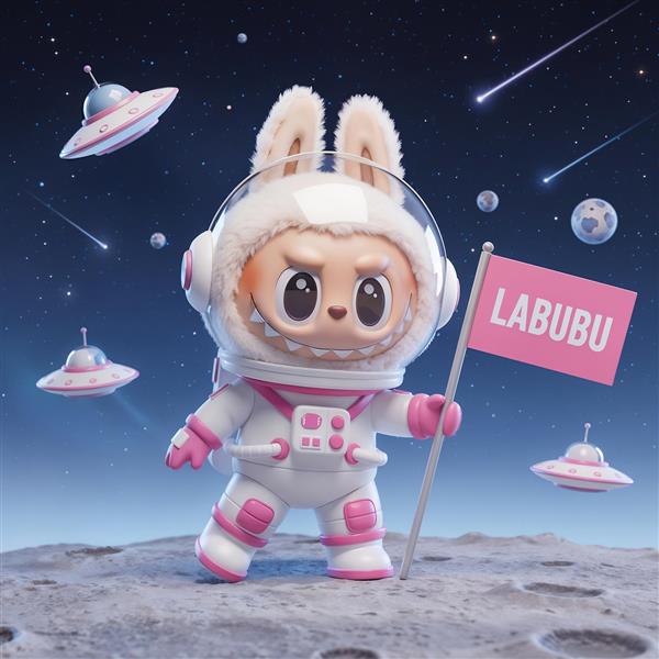 پوستر لبوبو فضانورد روی ماه با پرچم LABUBU و سفینه‌های فضایی