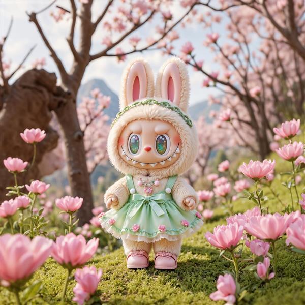 پوستر دکوراتیو لبوبو در باغ شکوفه‌های بهاری با لباس سبز پاستلی