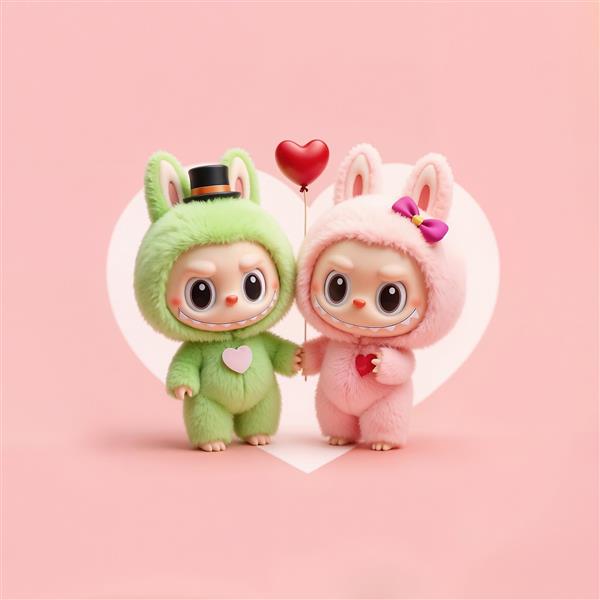 پوستر لبوبو عاشقانه دونفره با بادکنک قلبی پس‌زمینه صورتی