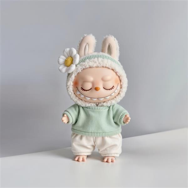 تابلو مینیمال لبوبو خواب‌آلود با سویشرت سبز نعنایی