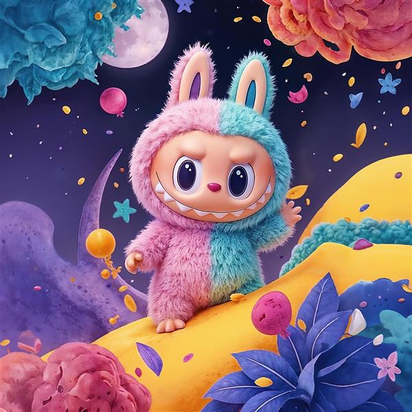 پوستر فانتزی لبوبو روی سیاره رنگارنگ در آسمان شب