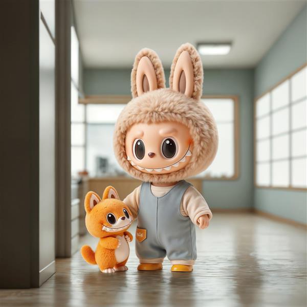 پوستر لبوبو و روباه عروسکی در اتاق روشن و مینیمال