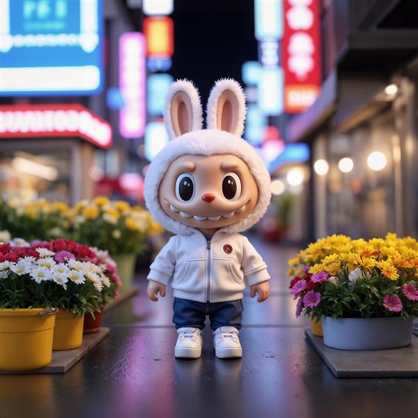 پوستر لبوبو در خیابان شهر شبانه میان گلدان‌های پرگل