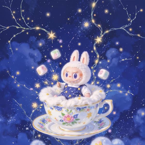 پوستر لبوبو در فنجان چای جادویی زیر آسمان پرستاره