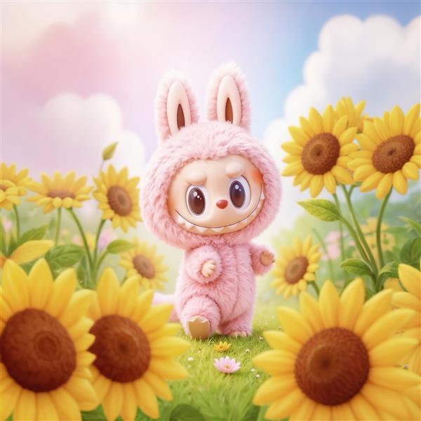 تابلو لبوبو صورتی در مزرعه گل آفتابگردان