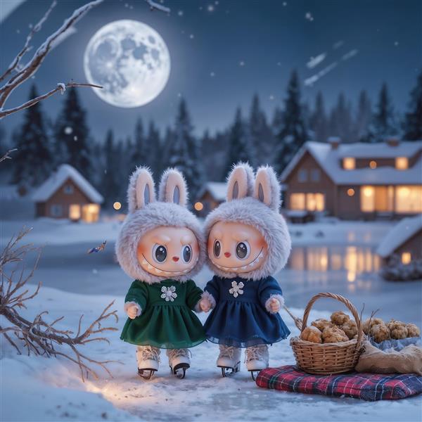 تابلو دکوراتیو لبوبو دوقلو در شب برفی کنار دریاچه