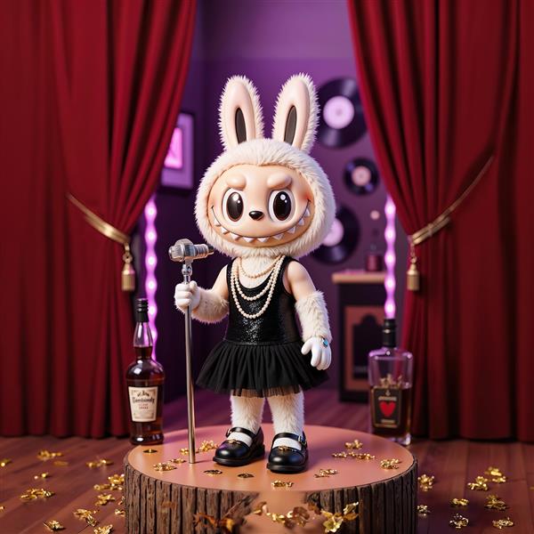 پوستر لبوبو خواننده روی صحنه با پرده قرمز