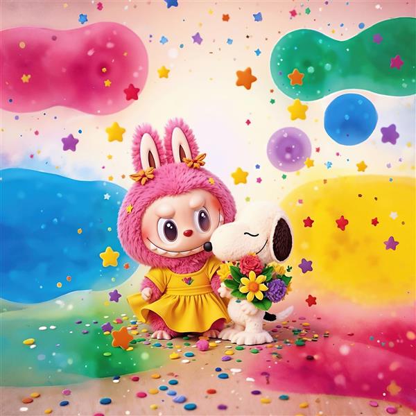 تابلو لبوبو صورتی و سگ با گل جشن فانتزی