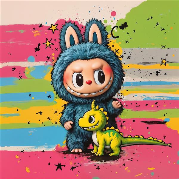 پوستر لبوبو آبی و دایناسور سبز پس‌زمینه اسپرت رنگی