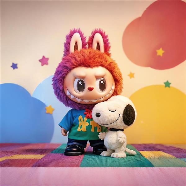 تابلو دکوراتیو لبوبو و سگ عروسکی در اتاق رنگی