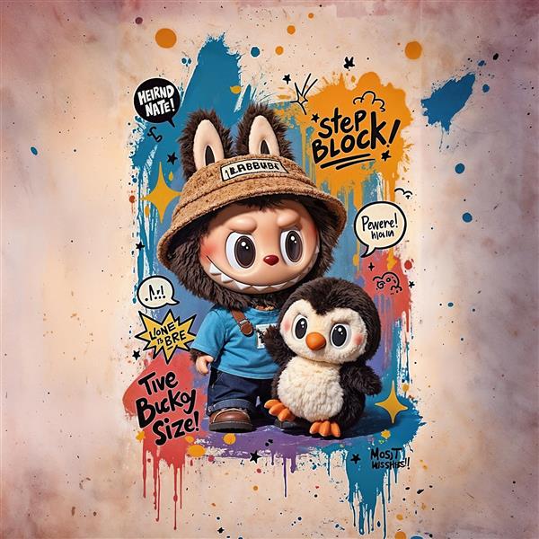 پوستر لبوبو و پنگوئن کارتونی پس‌زمینه گرافیتی