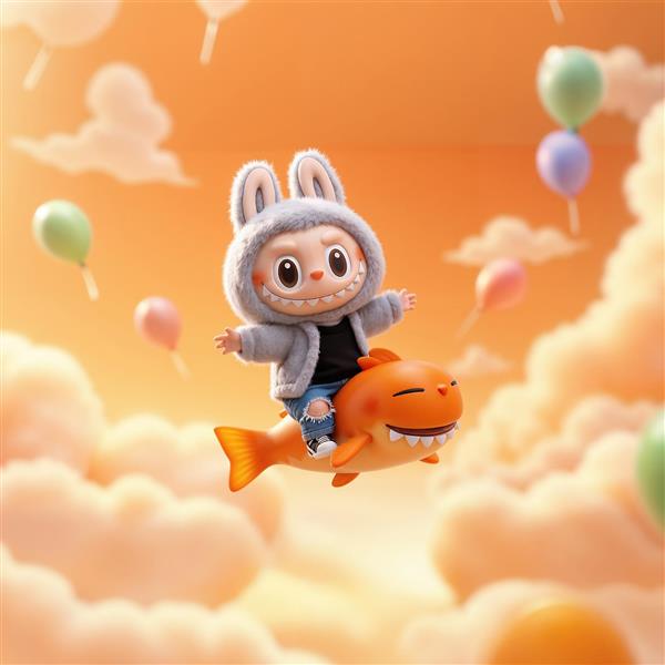 تابلو لبوبو پرواز روی ماهی نارنجی در آسمان فانتزی