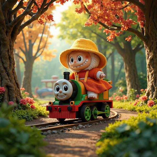 لبوبوی کلاه زرد سوار بر قطار در جنگل پاییزی