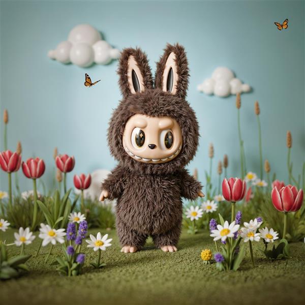 فیگور لبوبوی قهوه‌ای در مزرعه با گل‌های لاله و بابونه