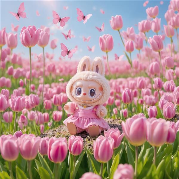 لبوبوی زیبا میان مزرعه لاله‌های صورتی و پروانه‌ها