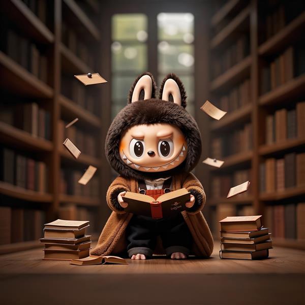 لبوبوی محقق با روپوش بلند و کتاب در کتابخانه