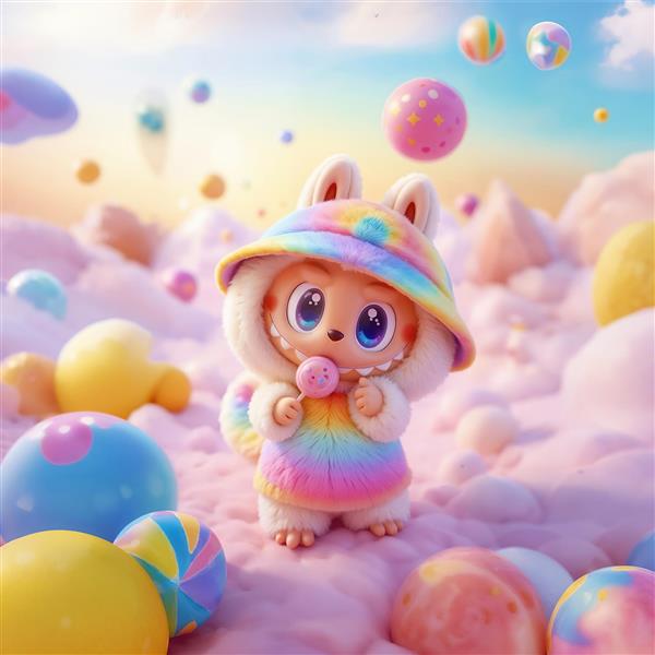 لبوبوی رنگین‌کمانی با آبنبات چوبی در سرزمین آبنباتی