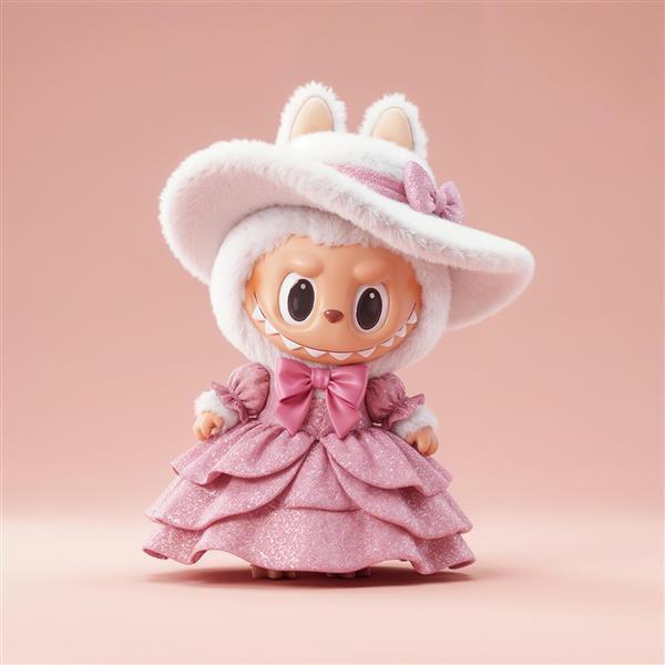 لبوبوی شیک با کلاه بزرگ و لباس مجلسی صورتی