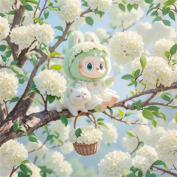 لبوبوی سبز پاستلی در میان شکوفه‌های سفید درخت